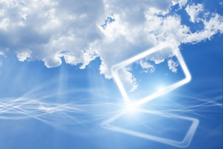 Blue skies and clouds with a tablet frame and its reflection