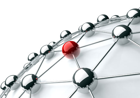 Network of connected silver metal orbs with one red orb in the middle